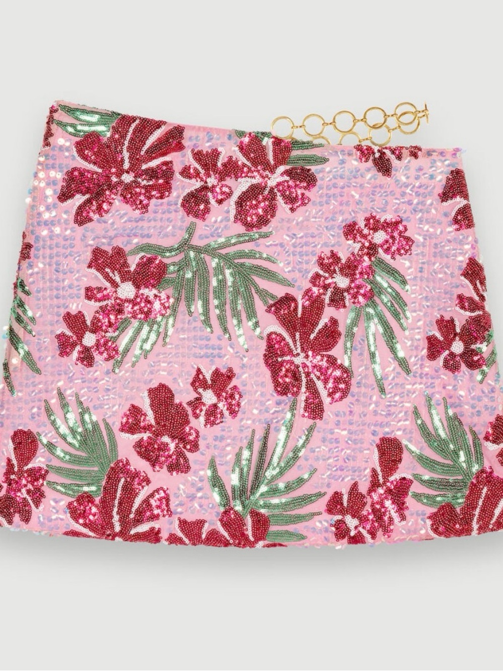 Maje Pink Sequin Floral Mini Skirt with Green Leaf Motif - Picture 2 of 4